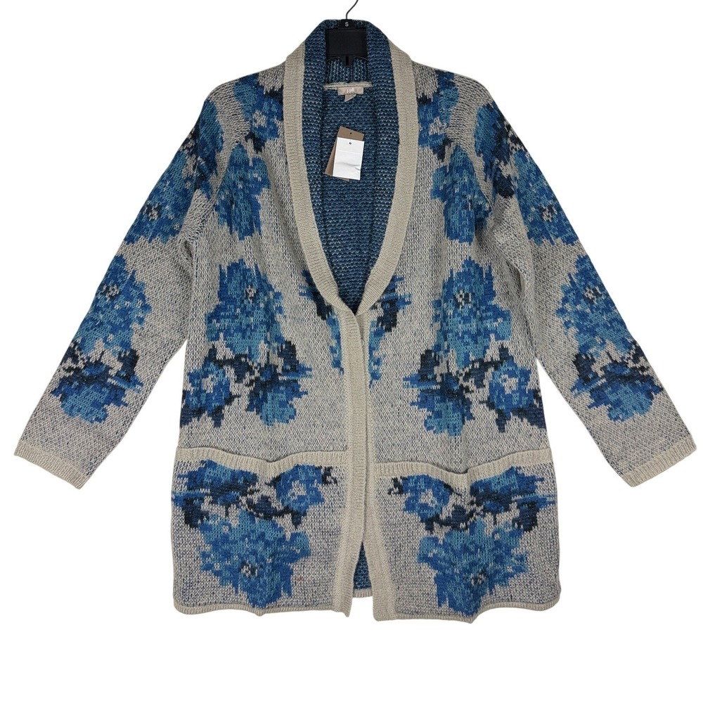 J.Jill Floral Open Front Cardigan Womens S Blue Gray Wool Blend Sweater NWT